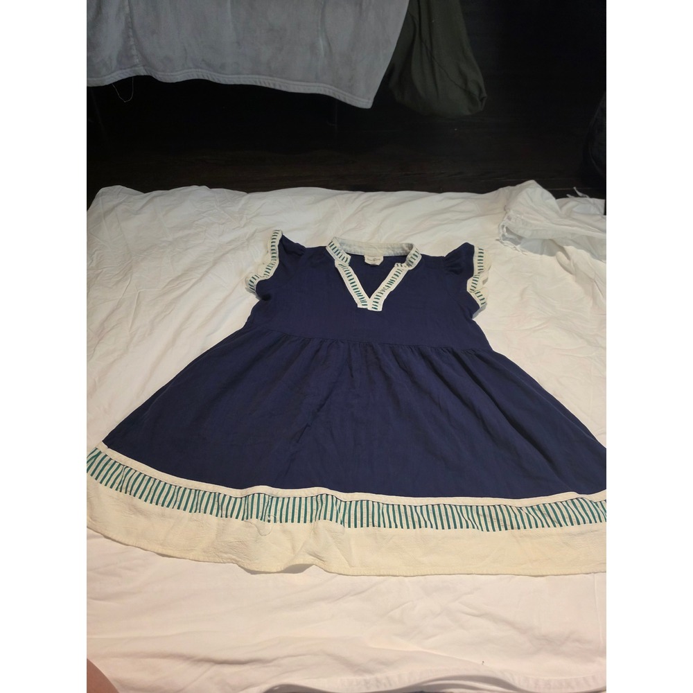 Umgee Navy Blue Boho Babydoll Dress Striped Trim Flutter Sleeve Small